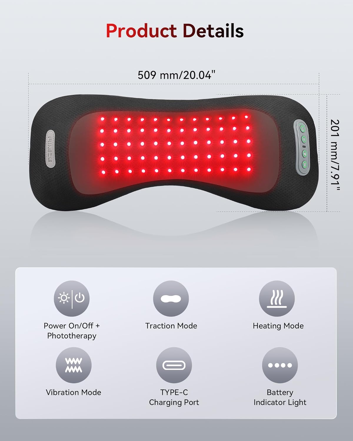 4-in-1 Lumbar Support Pillow with Red Light 650nm 850nm, Lumbar Massager Cordless Rechargeable 5000mAh, Lower Back Massager with Vibration, Airbag Traction & Heating for Back Waist Comfort, Black
