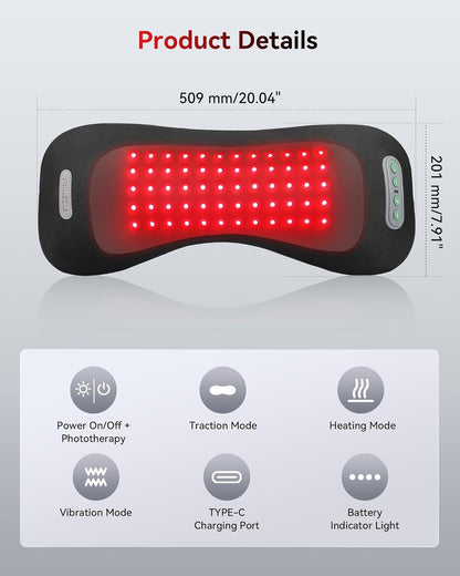 4-in-1 Lumbar Support Pillow with Red Light 650nm 850nm, Lumbar Massager Cordless Rechargeable 5000mAh, Lower Back Massager with Vibration, Airbag Traction & Heating for Back Waist Comfort, Black