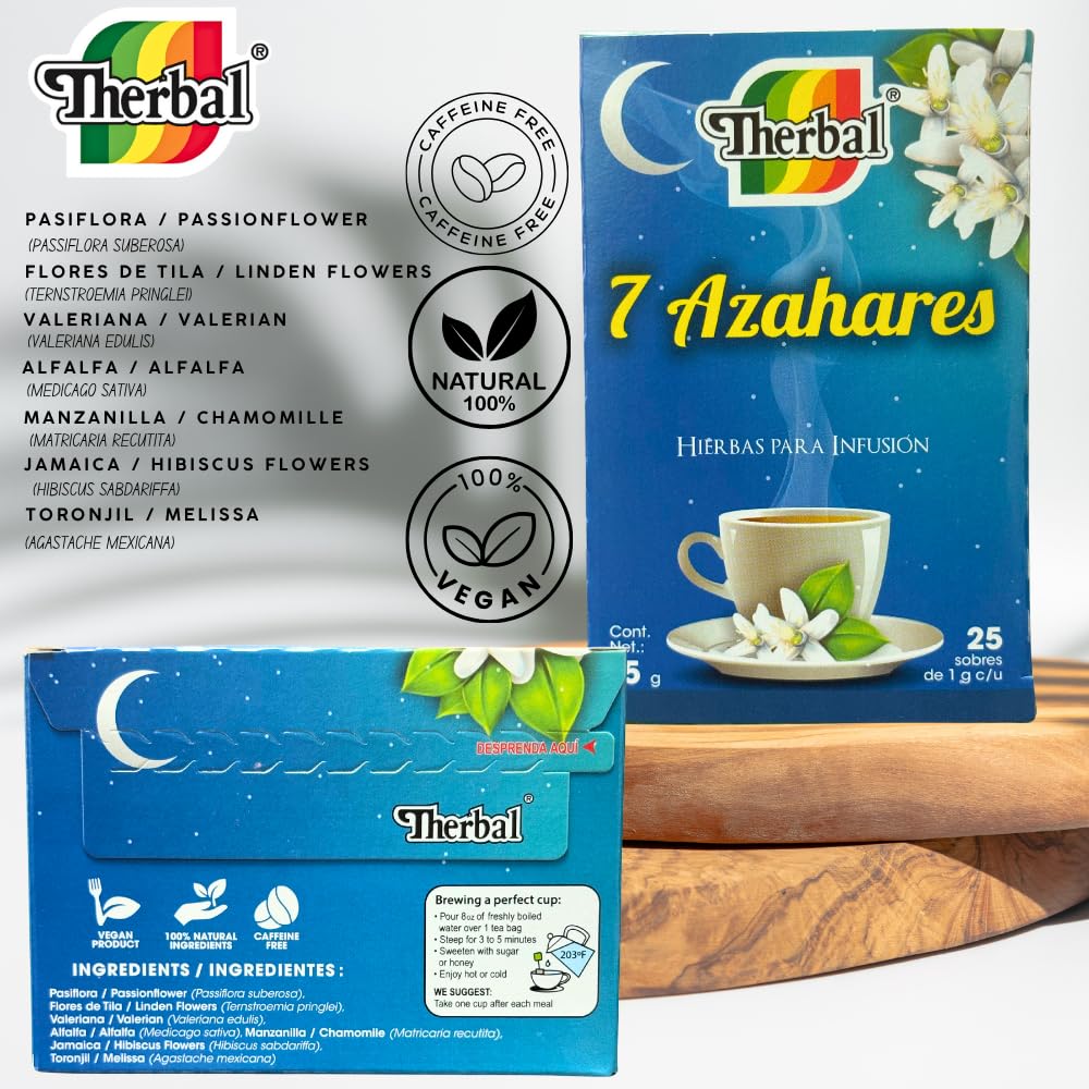 Therbal 7 Blossoms Herbal Tea – 25 Tea Bags – Caffeine-Free, Natural Infusion with Chamomile, Passionflower, Valerian, Hibiscus - Relaxing Nighttime Blend