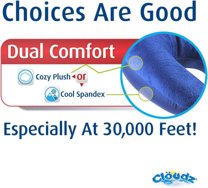 Cloudz Dual Comfort Microbead Airplane Travel Neck Pillow. Super Soft Cozy Plush Fabric on One Side, Cool Relaxing Spandex on The Other! Customize Your Comfort and Support at Home or On The Go!- Blue