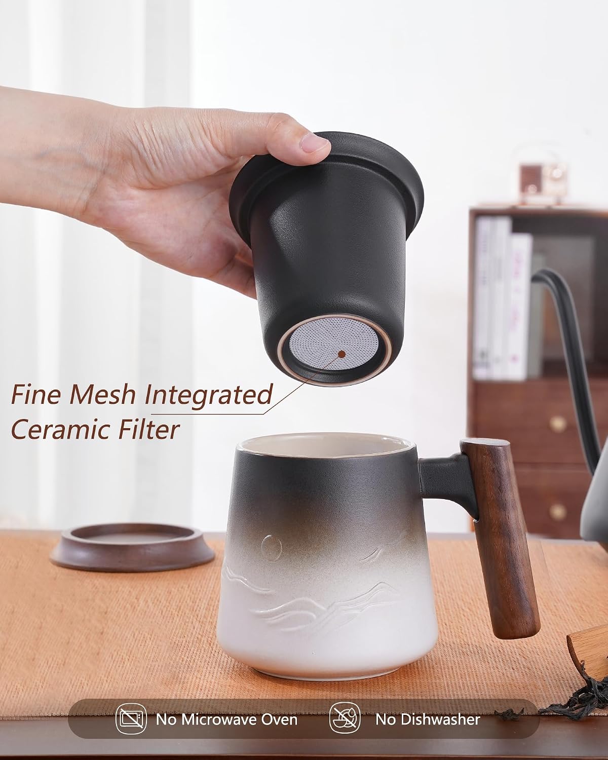 ZENS Embossed Ceramic Tea Mug with Infuser and Lid, 14.5 oz Wooden Handle, Loose Leaf Tea Steeper Cup & Strainer for Tea Lovers Gifts