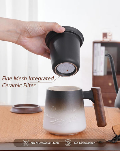 ZENS Embossed Ceramic Tea Mug with Infuser and Lid, 14.5 oz Wooden Handle, Loose Leaf Tea Steeper Cup & Strainer for Tea Lovers Gifts