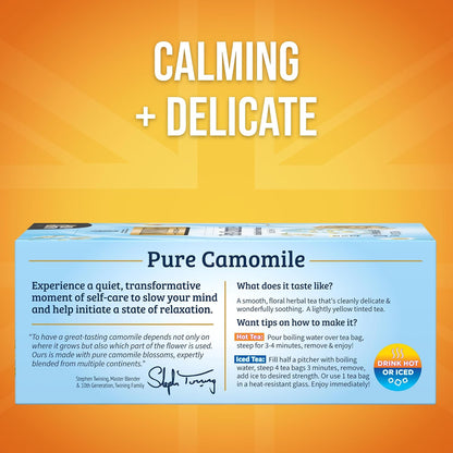 Twinings Pure Camomile Herbal Tea Individually Wrapped Bags, 100 Count (Pack of 1), Delicate for Pure Relaxation, Naturally Caffeine-Free, Enjoy Hot or Iced, 100 Teabags