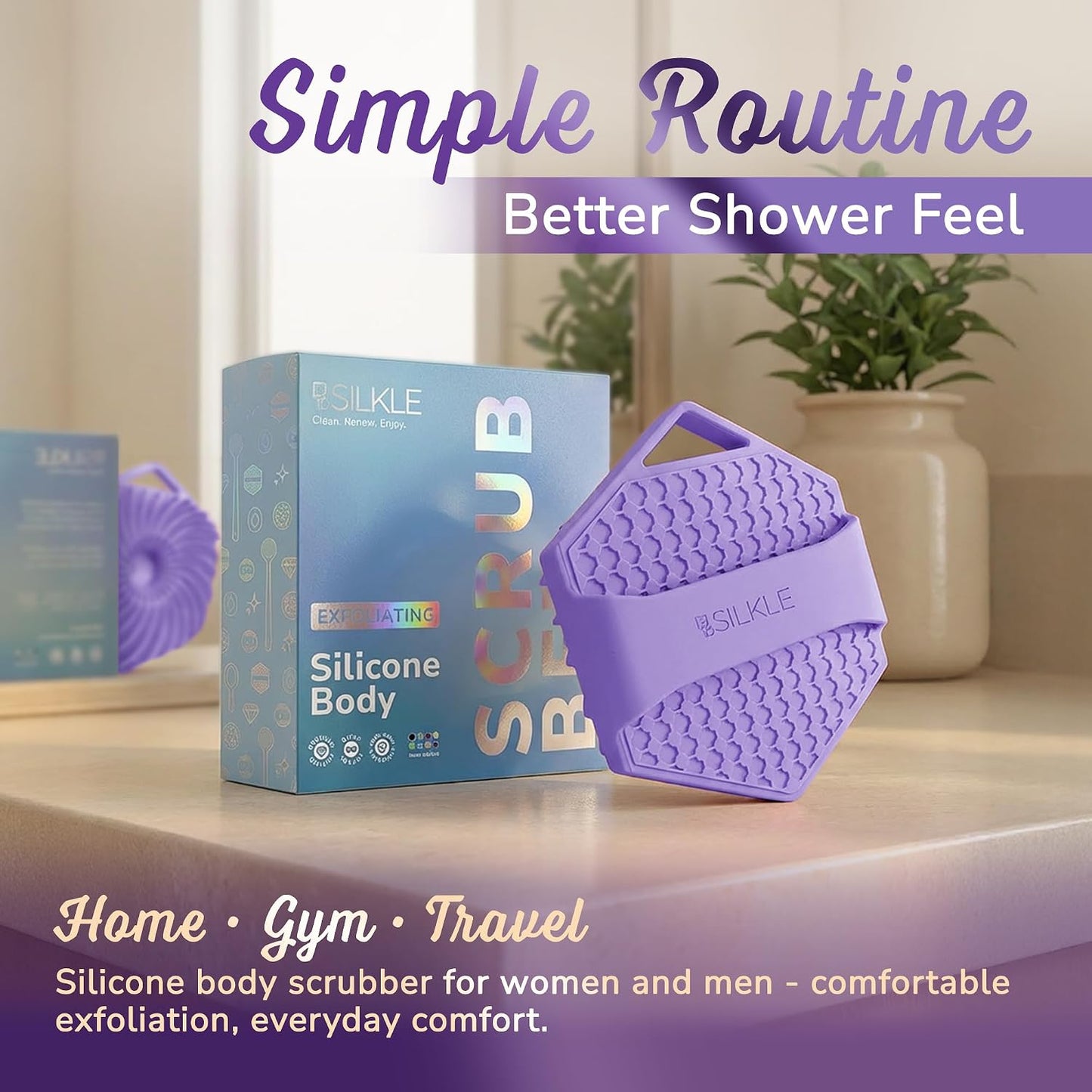 SILKLE Silicone Body Scrubber – Gentle Exfoliating Shower Scrubber for Body & Bath, Silicone Shower Brush & Loofah Alternative – Non-Slip Silicone Body Brush, Quick Dry, Hygienic - Pink