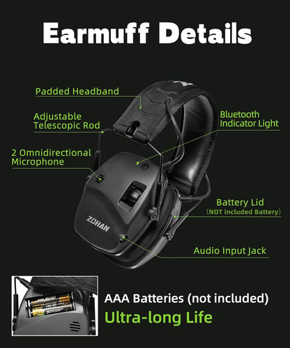 ZOHAN 035 Bluetooth 6.0 Shooting Ear Protection Earmuff, Active Noise Canceling, Hearing Protection with Sound Amplification (Green Bluetooth)