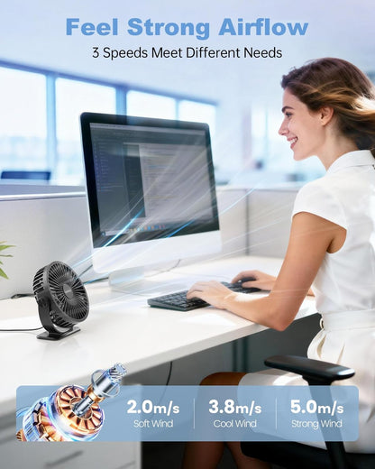 TriPole Desk Fan USB Powered Small Portable Fan, 3 Speeds Adjustable Strong Breeze Mini Personal Fans, 360° Rotation Quiet Plug In USB Fans for Desktop Bedroom Office Table Travel, Black, 4.9ft Cable