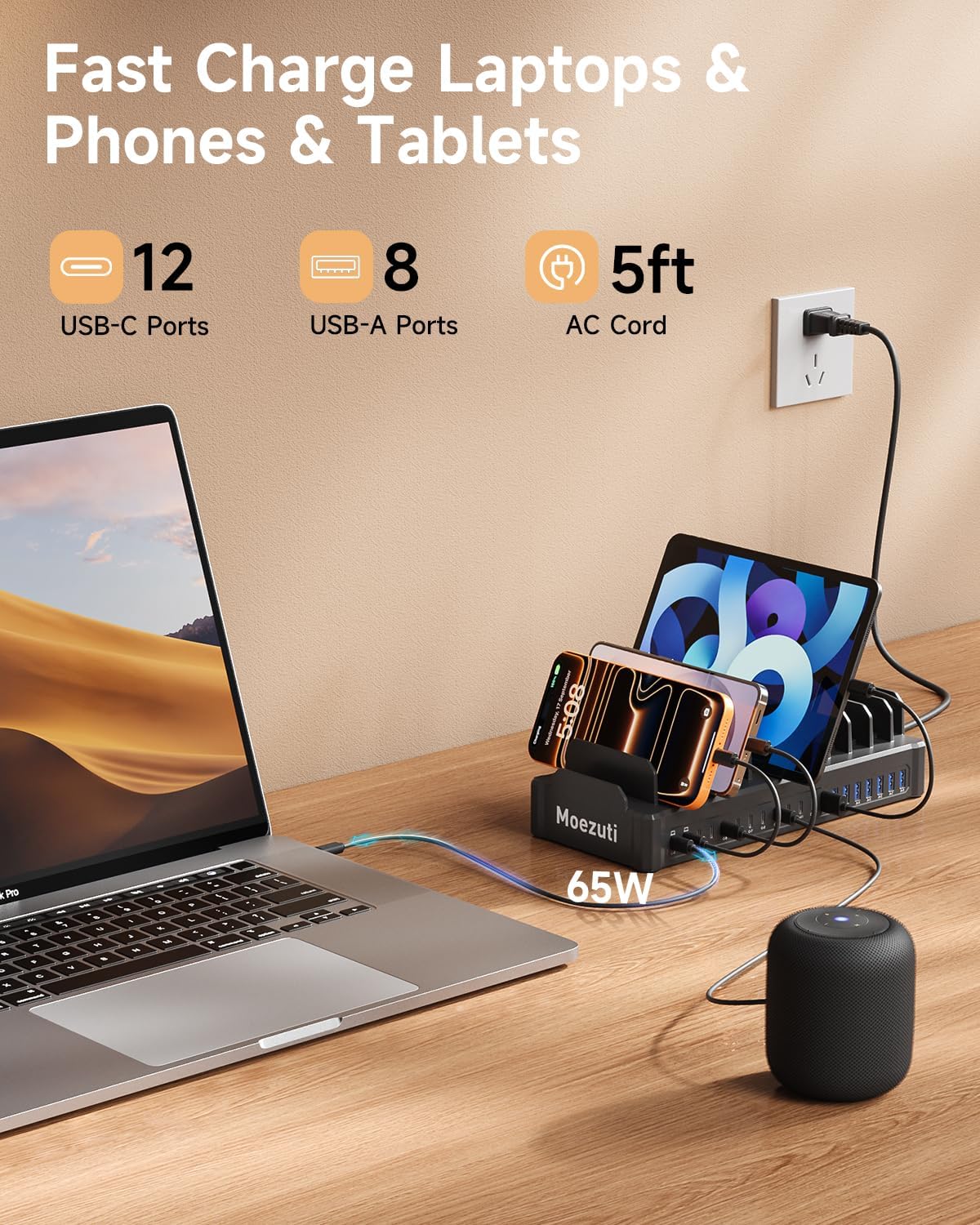 20-Port 600W Moezuti Charging Station for Multiple Devices with 10 Cables