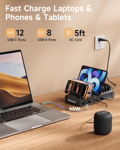 20-Port 600W Moezuti Charging Station for Multiple Devices with 10 Cables