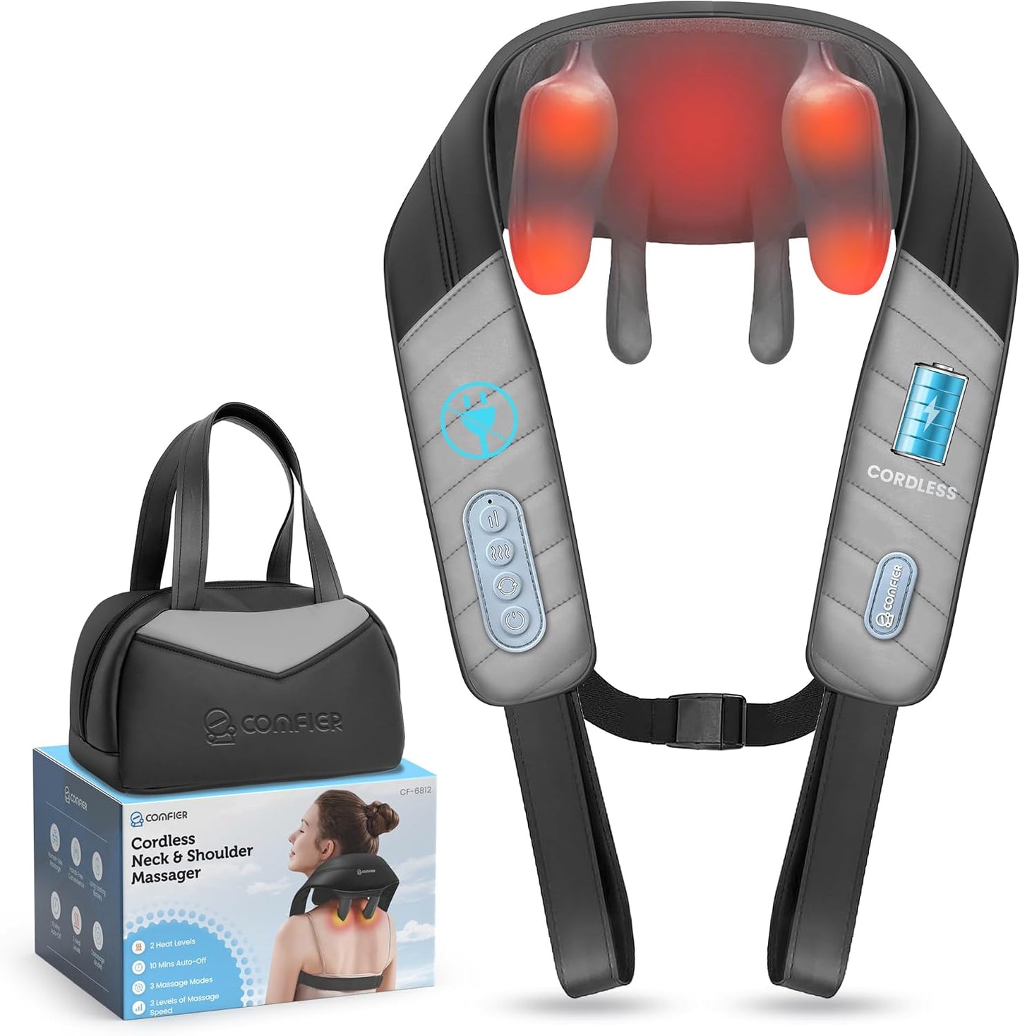 COMFIER Cordless Neck and Shoulder Massager with Heat, Wearable 4D Shiatsu Deep Tissue Kneading for Desk Workers and Drivers, Hands-Free Straps, FSA Eligible HSA Gift