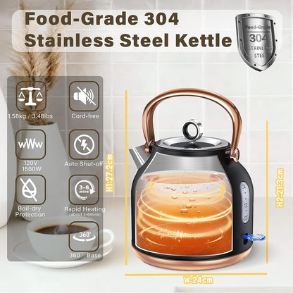 Retro Electric Kettle, 1.7L Stainless Steel Tea Kettle with Large Temperature Gauge, 1500W Fast Heating Hot Water Boiler with LED Indicator, Auto Shut-off & Boil-Dry Protection-Reteo Black