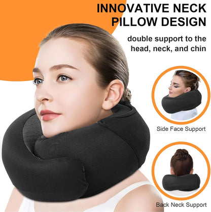 Travel Pillow - Hooded Neck Pillow Airplane Memory Foam Filling for Plane, Office, Cars Sleeping, Road Trip, Long Flights, Airplane Travel Essentials, Includes Eye Mask & Earplugs (Green)