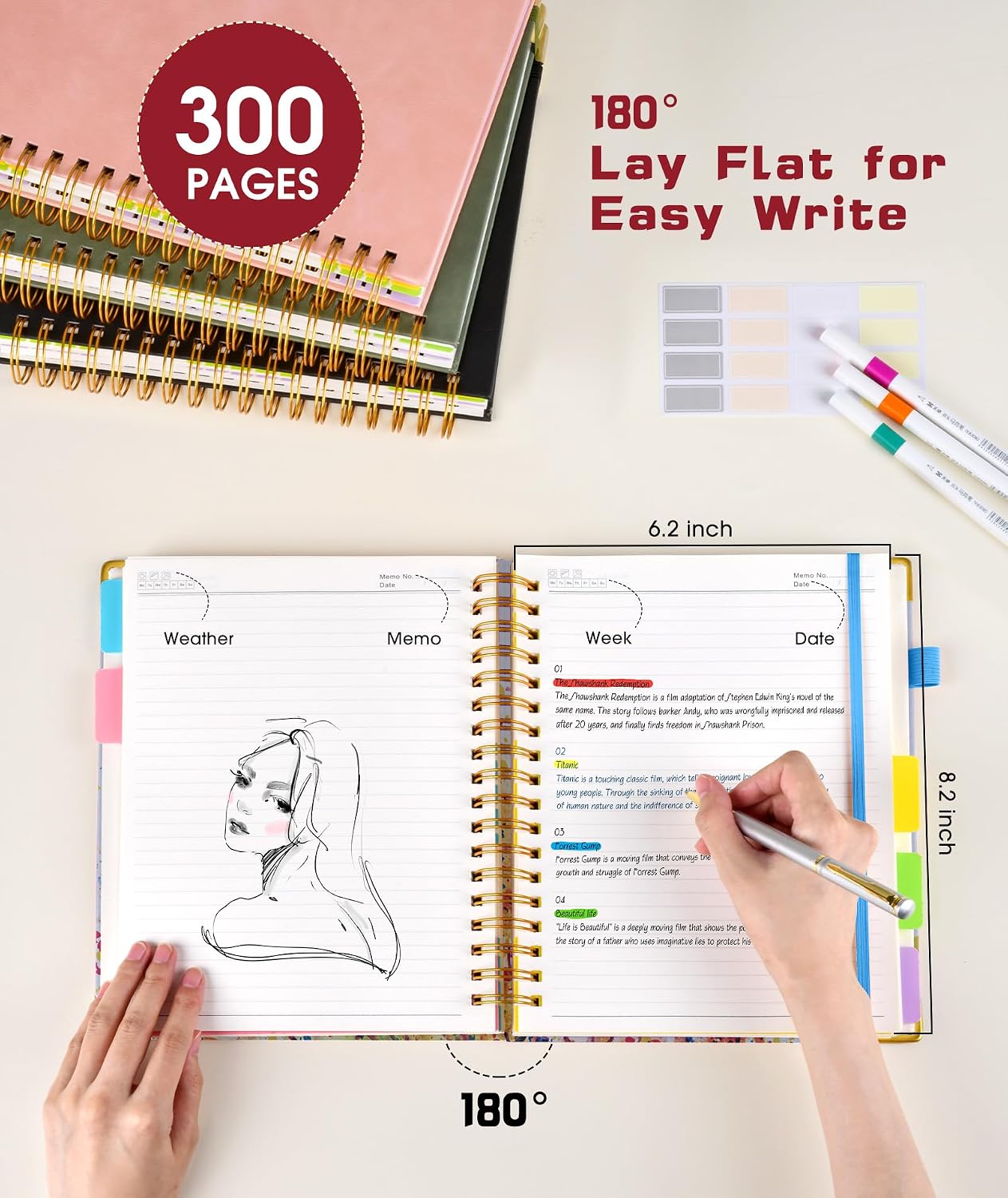Hardcover Spiral Notebook journal with Removable Dividers Tabs, 300 Pages Leather 5 Subject Notebook College Ruled, 8"x10" Large B5 Notebooks for Work School Note taking, Lined Journal for Women,Black