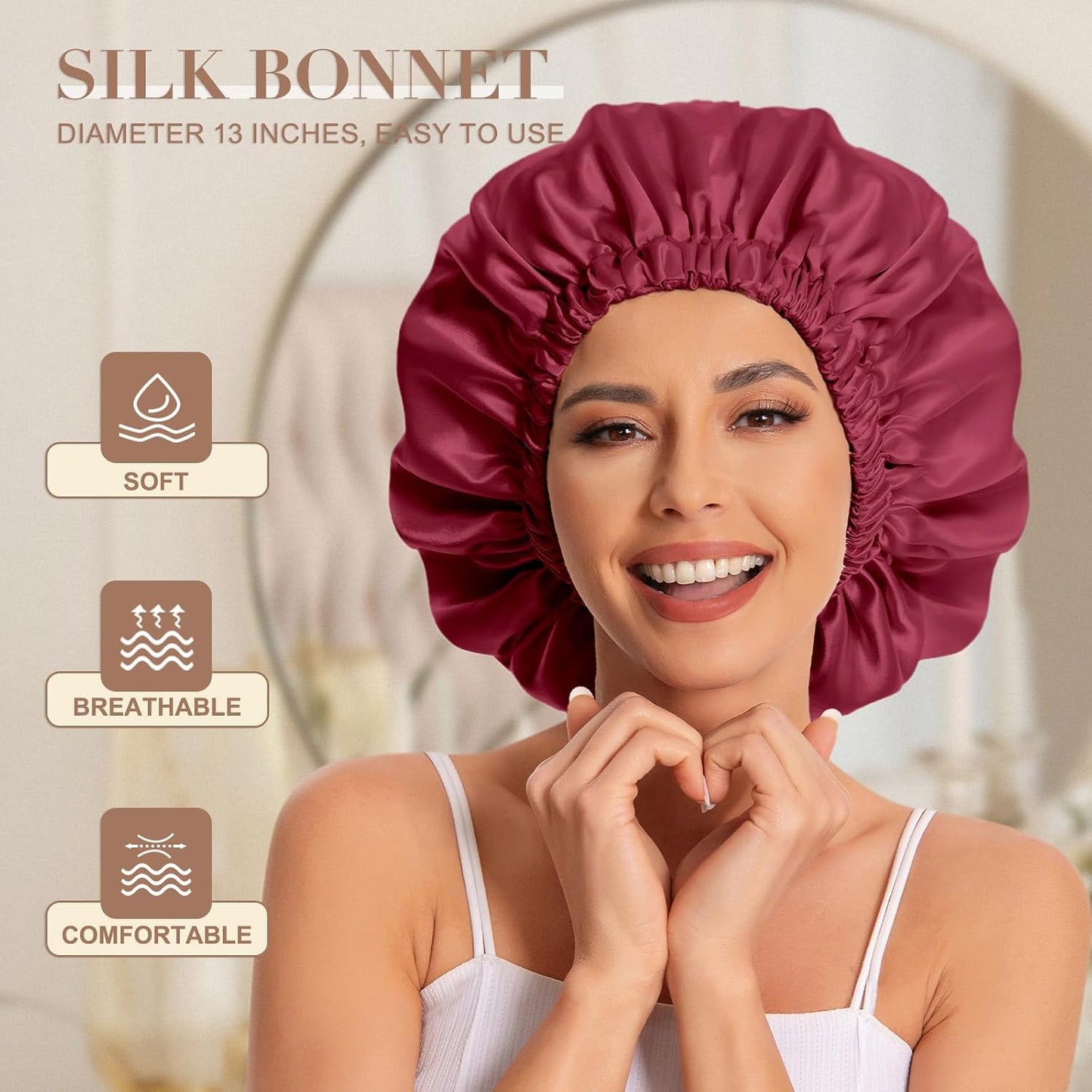 Satin Bonnet Silk Bonnet Hair Bonnet for Sleeping-Slouchy Beanie Hat Satin Sleep Cap for Women's Natural & Curly Hair(Blue Zircon)