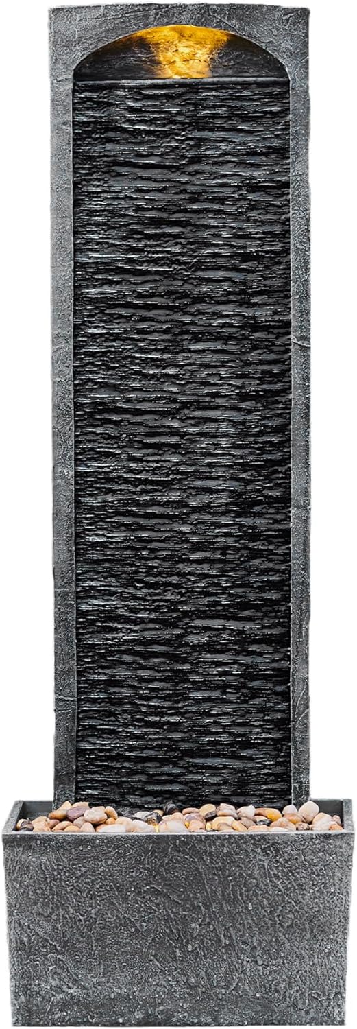 Teamson Home 38.58 in. Modern Curved Faux Slate Waterfall Fountain for Indoors or Outdoors with LED Light Accents and 1.98-Gallon Pump, Black and Stone Gray | Freestanding Floor Garden Waterfall, LED Lights, Weatherproof Polyresin, For Patio & Yard