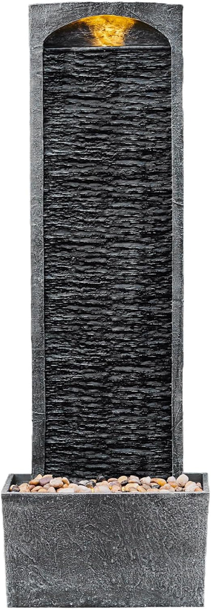 Teamson Home 38.58 in. Modern Curved Faux Slate Waterfall Fountain for Indoors or Outdoors with LED Light Accents and 1.98-Gallon Pump, Black and Stone Gray | Freestanding Floor Garden Waterfall, LED Lights, Weatherproof Polyresin, For Patio & Yard