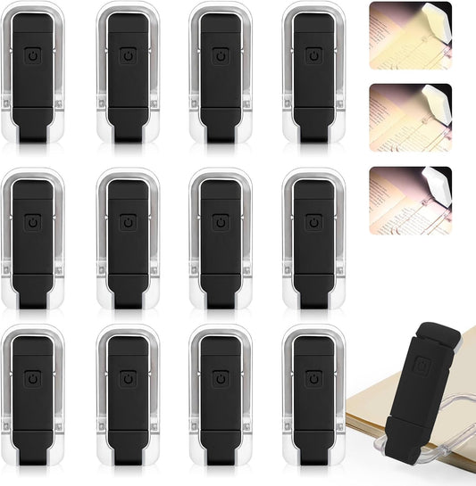 VZZNN 12 Pack Reading Light,Rechargeable Book Light for Reading in Bed,Clip-On Book Lights with 3 Color Temperature,Bulk Gifts for Book Lovers Kids Adults（White）