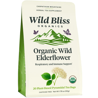 Wild Bliss Organic Elderflower Herbal Tea - Caffeine Free Elder Flowers Tisane - Pharmacopoeia Potency - 20 Plant Based Tea Bags