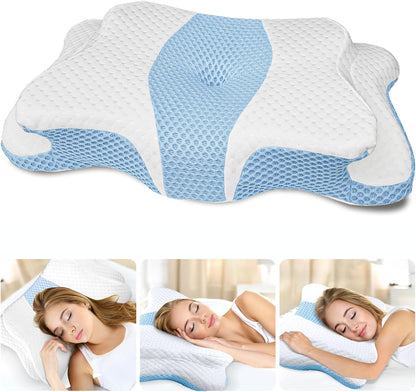 CHxxy Cervical Neck Pillow for Pain Relief Sleeping, Memory Foam Pillows, Ergonomic Side Sleeper Pillows, Cooling Orthopedic Neck Support Pillow for Back Stomach Sleepers-Queen Size Grey&Grey