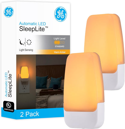 GE Sleeplite Night Lights Plug Into Wall, Dusk to Dawn Sensor, Ambient Lighting, Sleep Aid, Bathroom Decor, LED Lights for Bedroom, Apartment Essentials, Smart Home,86153, Amber, 4 Pack