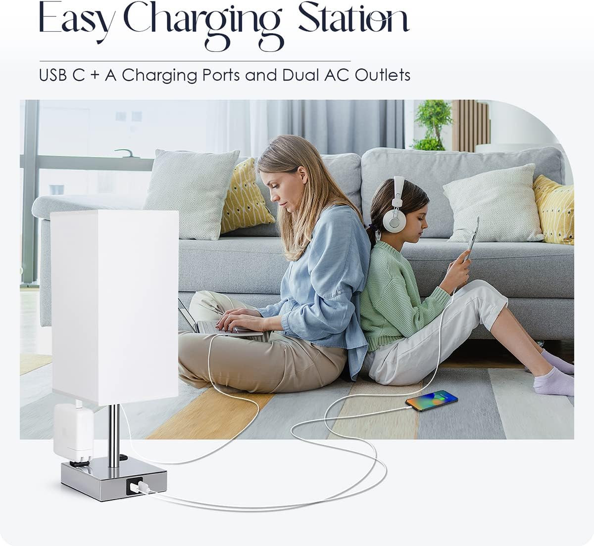 Bedside Table Lamp for Bedroom - Touch Small Lamp with USB C+A Charging Ports & AC Outlets, 3 Way Dimmable Nightstand Light for Living Room (LED Bulb Included, Grey)