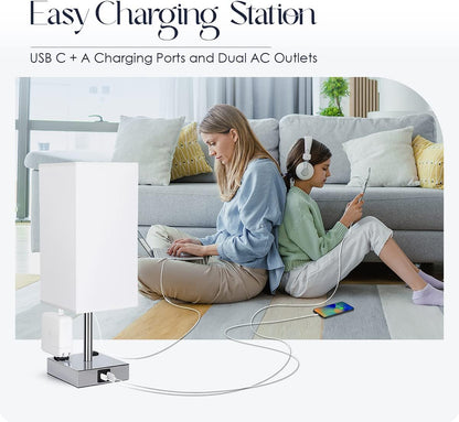 Bedside Table Lamp for Bedroom - Touch Small Lamp with USB C+A Charging Ports & AC Outlets, 3 Way Dimmable Nightstand Light for Living Room (LED Bulb Included, Grey)