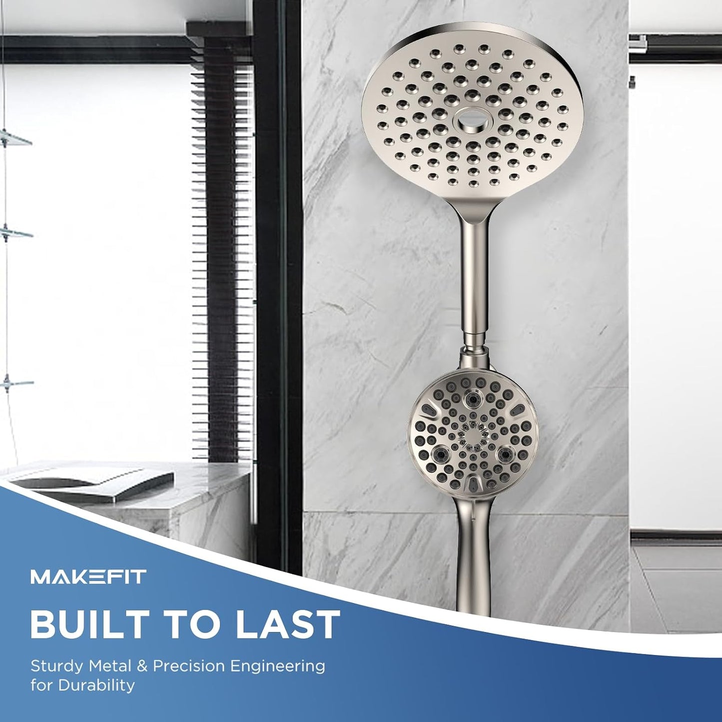 MakeFit Dual Filtered Rain Shower Head Combo, High Pressure Handheld Shower Head with Adjustable Bar - Rainfall Shower Head And Showerhead with Filter for Hard Water - Removes Chlorine
