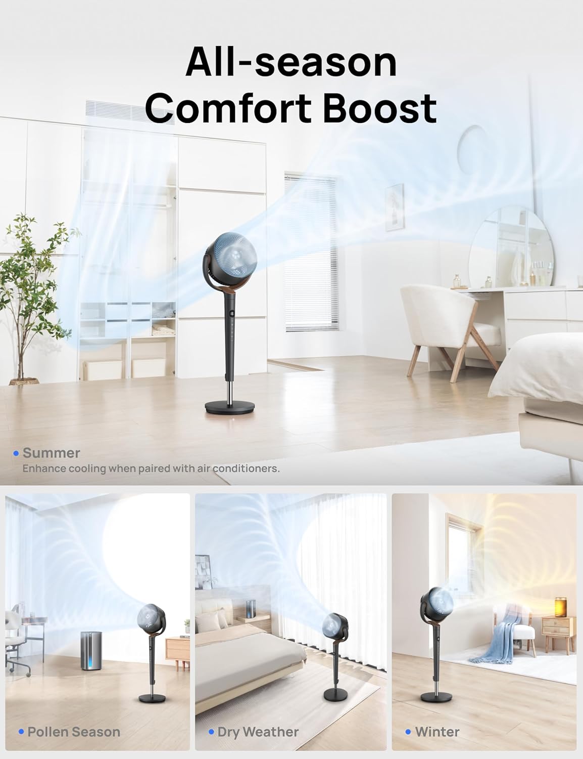 DREO Fan for Bedroom, 120° Oscillating Standing Fan, Quiet Floor Fan with DC Motor, Pedestal Fan for Room, 9 Speeds, 4 modes, 20dB, 120° Manual Vertical, 37-42" Adjustable Height, 9H Timer, Dark Gray