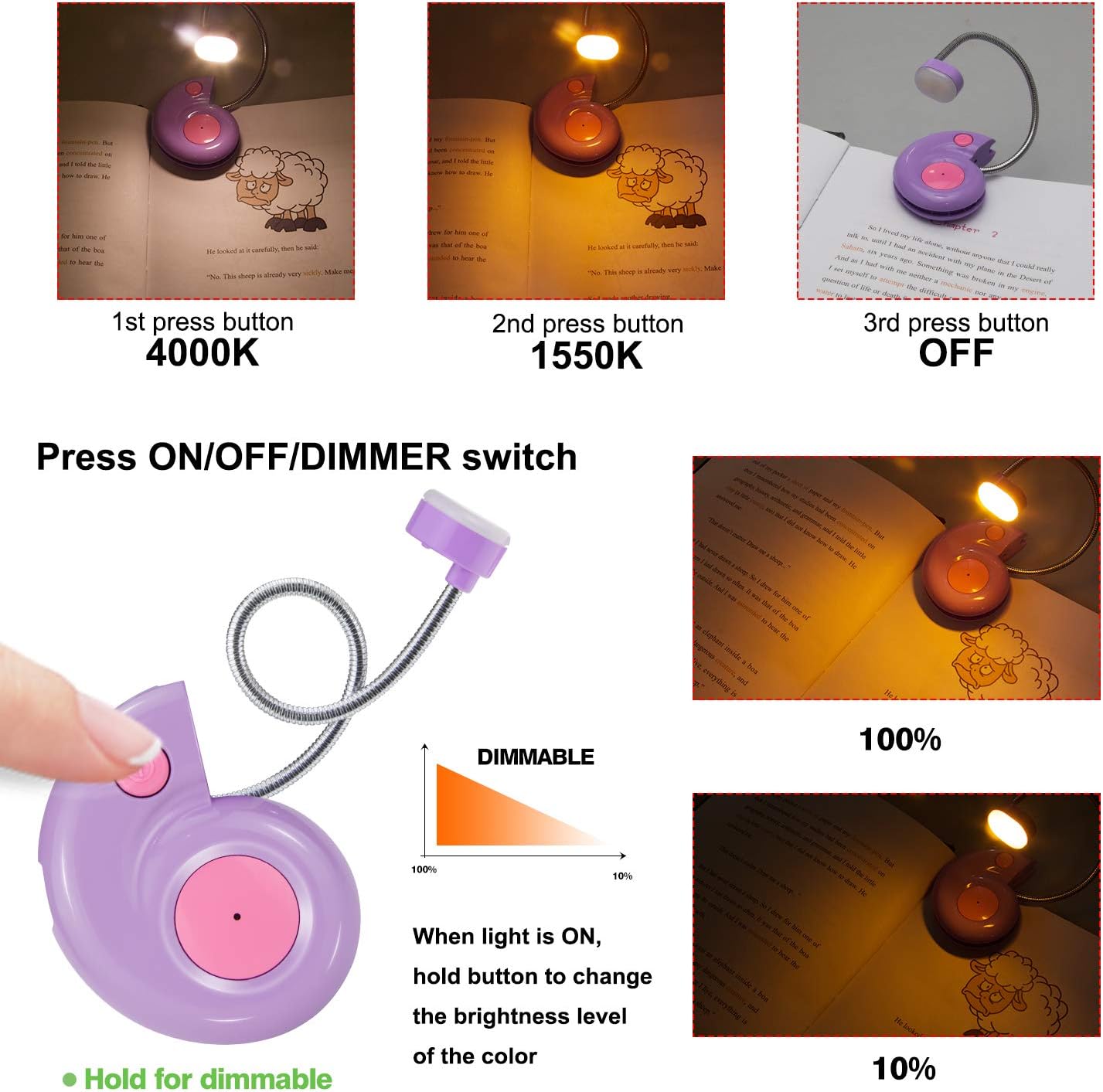 Kids Rechargeable Book Light, Clip on Reading Light for Kid, Kids Reading Lights, Amber Book Light for Reading in Bed, 2 Lighting Modes, Blue Light Blocking, Bookmark Light for Bookworms-Pink