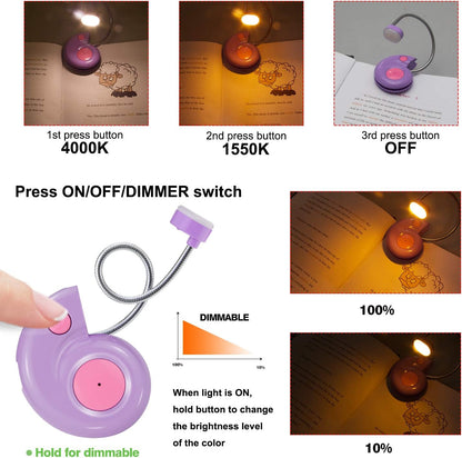 Kids Rechargeable Book Light, Clip on Reading Light for Kid, Kids Reading Lights, Amber Book Light for Reading in Bed, 2 Lighting Modes, Blue Light Blocking, Bookmark Light for Bookworms-Pink