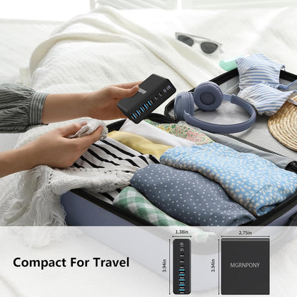 320W USB C Charger Block, MGRNPONY 10-Port GaN USB C Charging Station Black