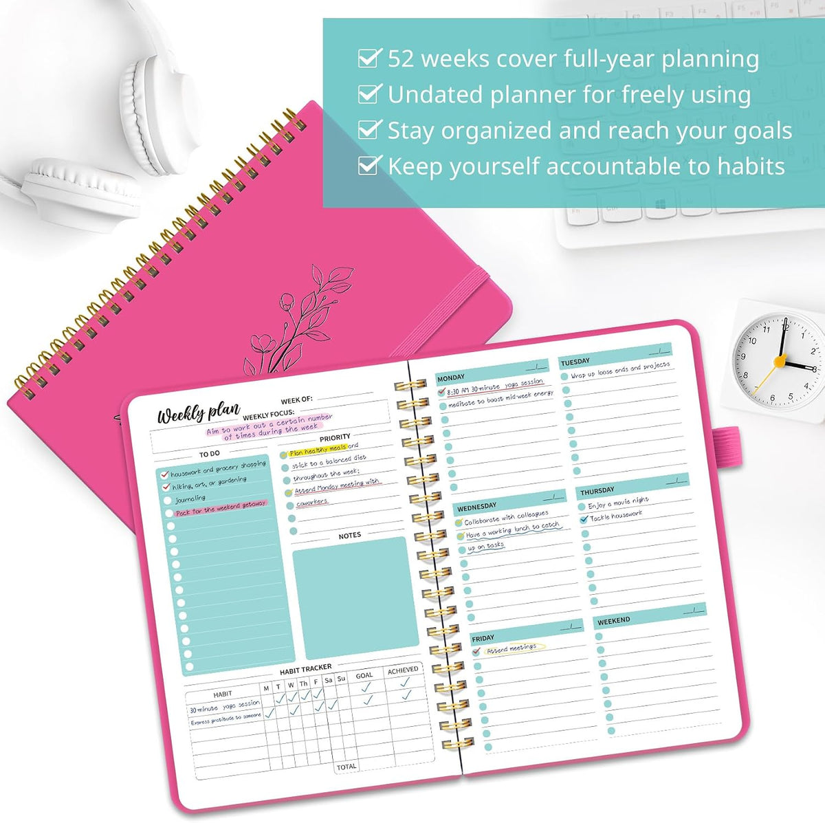 Taja Undated Weekly Planner, To Do List Notebook with Habit Tracker, A5
