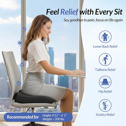 ZIKEE Ergonomic Seat Cushion with Thigh Slope for Long Sitting, Memory Foam Office Chair Cushion for Car, Home, U-Shaped Design Relieves Hip, Tailbone Pain, Non-Slip Sciatica Pain Relief Pillow
