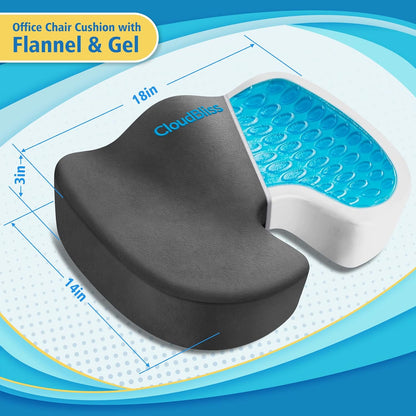 CloudBliss Gel Seat Cushion - Cooling Gel Enhanced Memory Foam Ergonomic Seat Cushion for Long Sitting for Office, Game, Car, Automotive, Airplane (Large, Black)