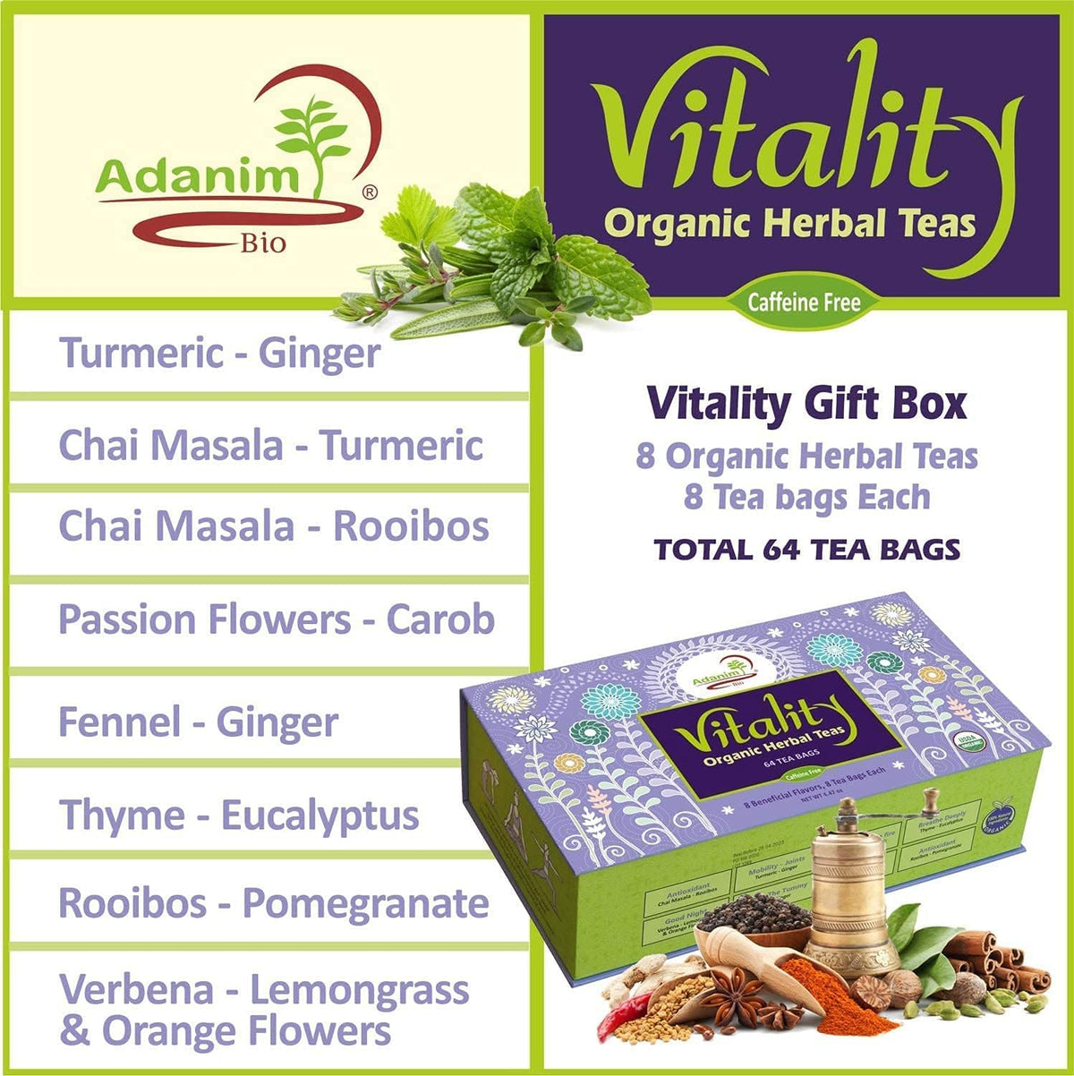 Adanim Herbal Teas (64 Count, Vitality Herbal Tea Sampler)