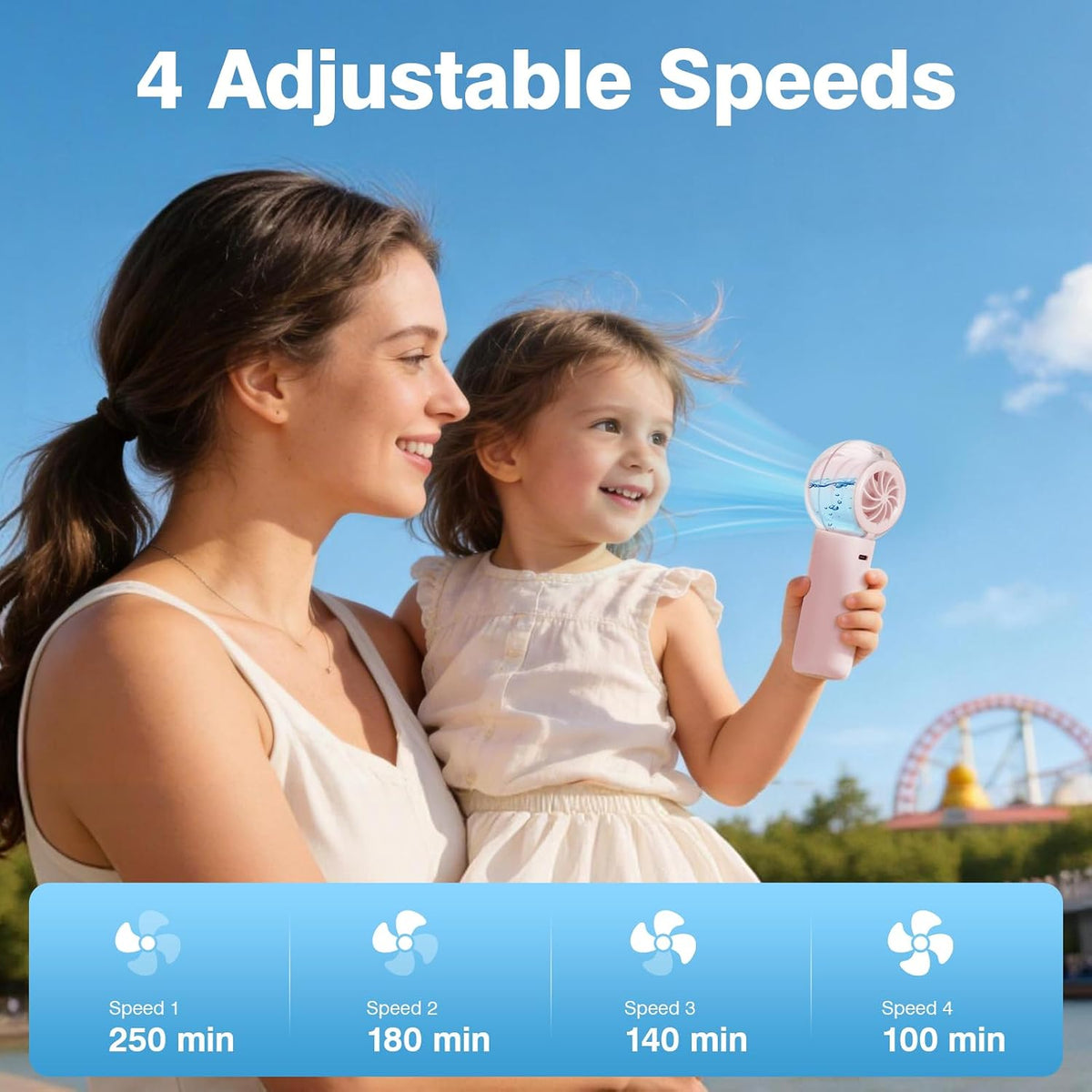 TOBTOS Handheld Misting Fan Portable, Powerful Turbo Airflow, Rechargeable Mini Personal Mister Fan with Water Spray, LED Display, 4 Speeds, Cooling Fans for Travel, Beach, Girls - Pink