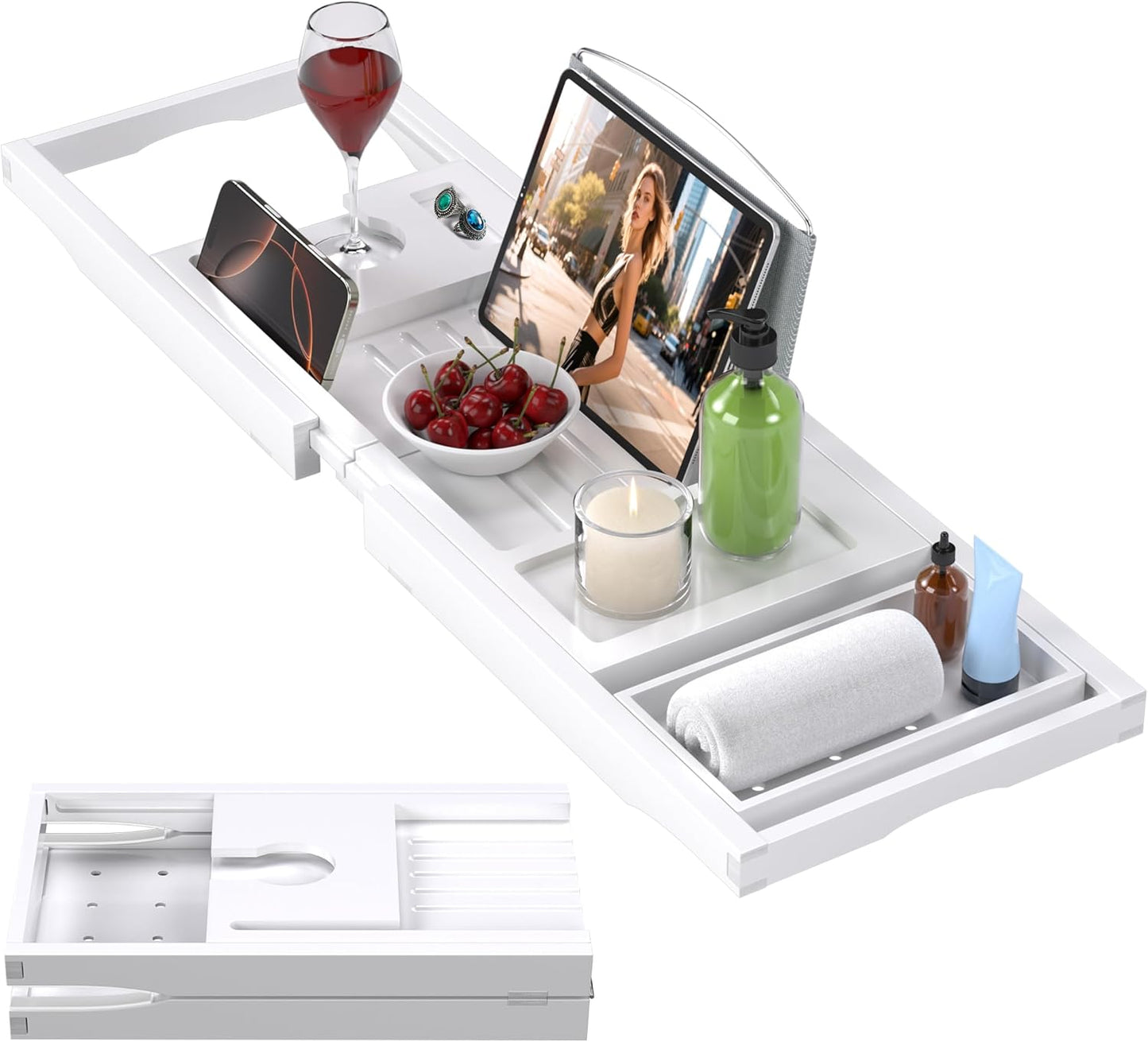 Foldable Bathtub Caddy Tray for Tub,Bamboo Expandable Bath Table Trays,Premium Bathroom Accessories for New Home & Mothers Day & Birthday Gifts for Couples,Natural