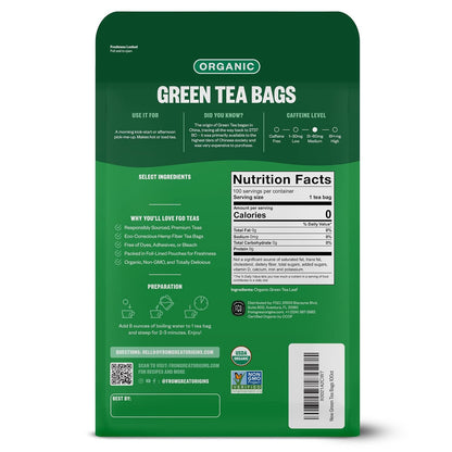 FGO Organic Green Tea, 100 Count Eco-Conscious Tea Bags, Caffeinated, Resealable Pouch, Packaging May Vary (Pack of 1)