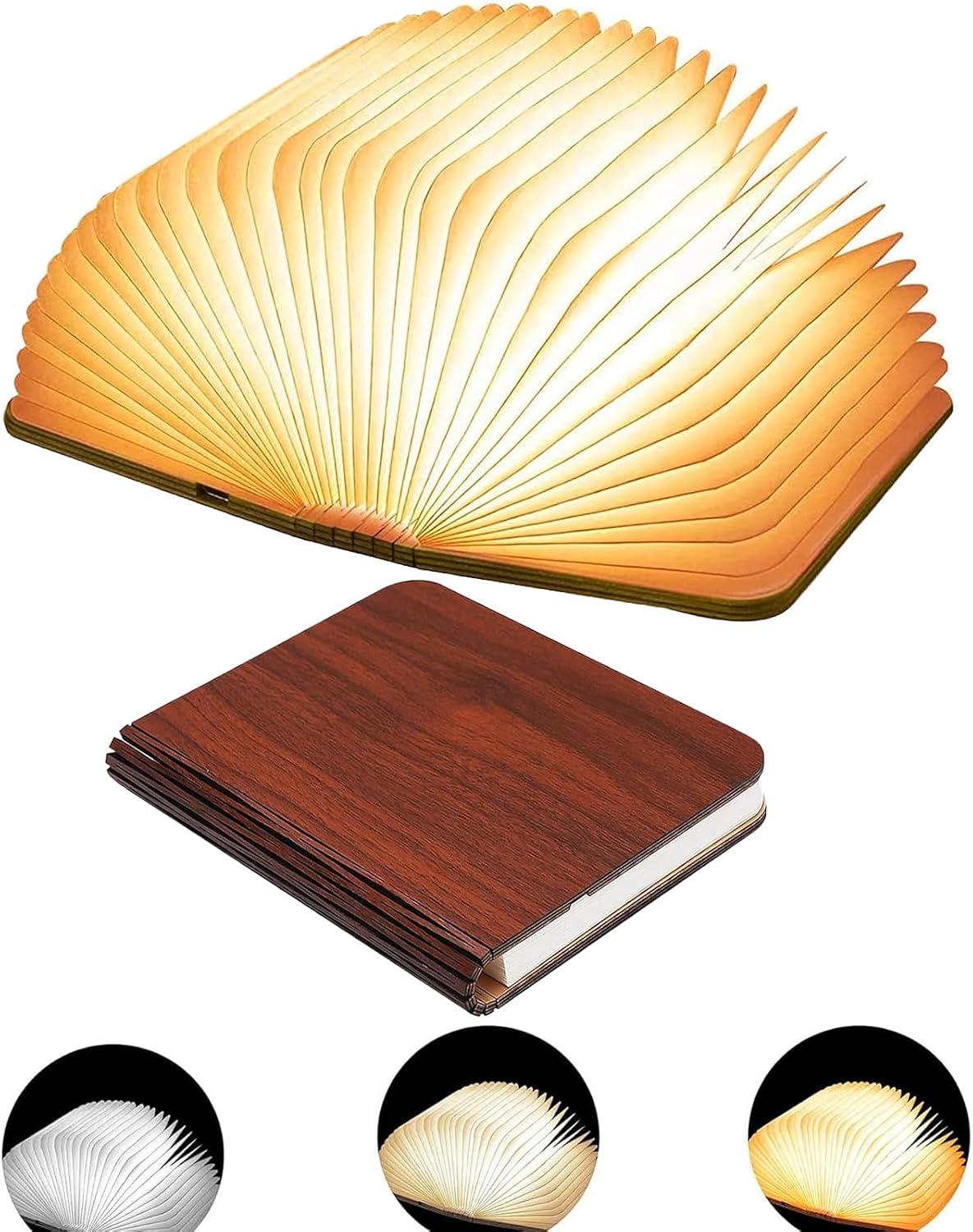 5.7Inch Wooden Book Lamp, 6 Colors Folding Book Light, USB Rechargeable, 360° Shaped Light, Novelty Reading Accessories, Book Themed Gifts