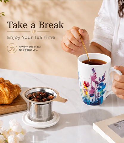 AmorArc 18oz Porcelain Tea Mug with Infuser & Lid, Loose Leaf Tea Cup with Stainless Steel Strainer, Large Coffee Mug Gift for Women, Tea Lovers, Home & Office