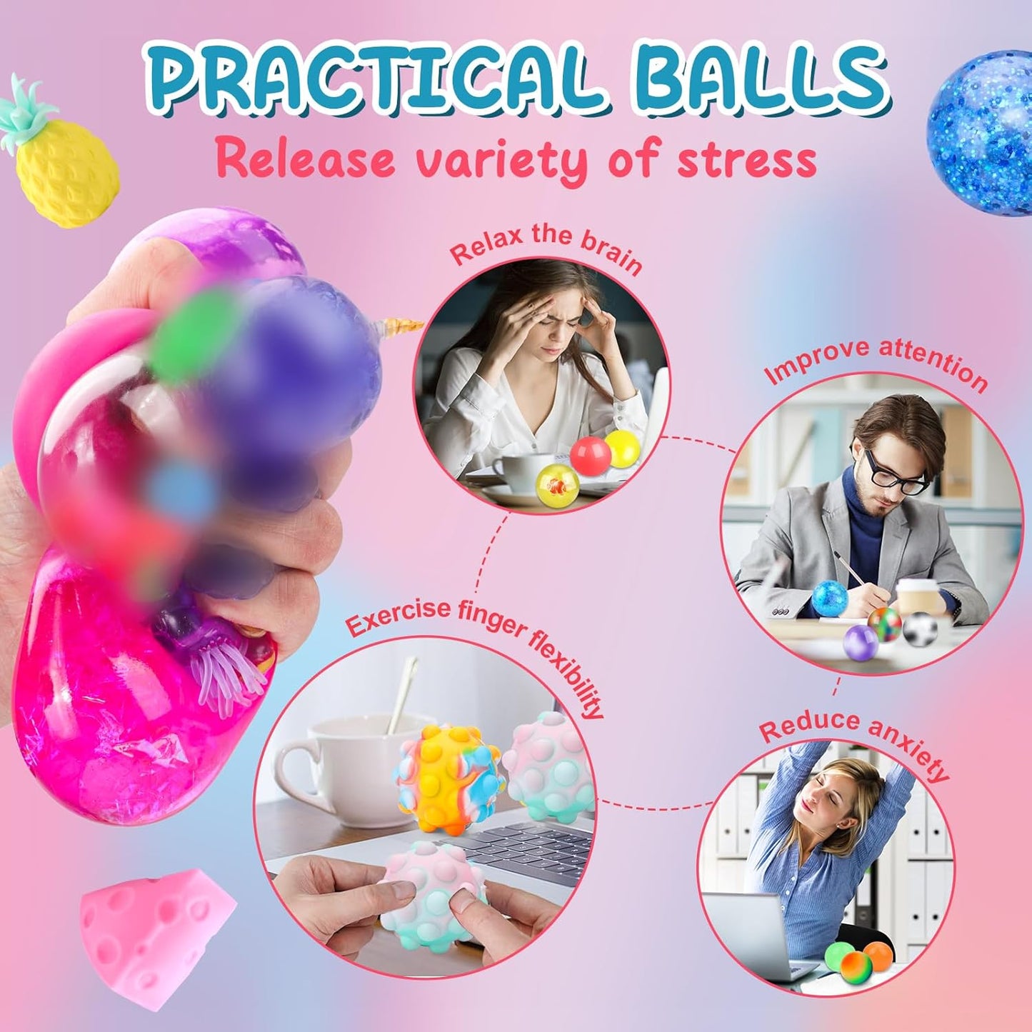 36 Pack Stress Balls, Squishy Balls, Squishy Fidget Stress Relief, Squeeze Ball for Adults Stress Relieve, Prize Box for Friends, Party Favors