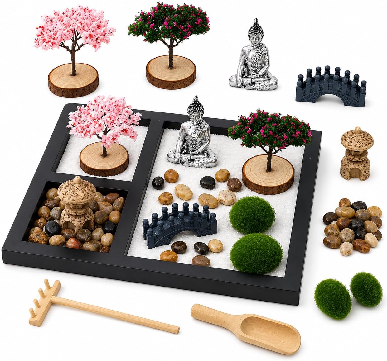 Zen Garden for Desk - Tabletop Sand Garden Kit - Mini Sand Tray Decor - Black Display Tray with Buddha Ornament, Pebbles and Moss Accents - Suitable for Office Desk Decoration and Home Decor