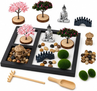 Zen Garden for Desk - Tabletop Sand Garden Kit - Mini Sand Tray Decor - Black Display Tray with Buddha Ornament, Pebbles and Moss Accents - Suitable for Office Desk Decoration and Home Decor