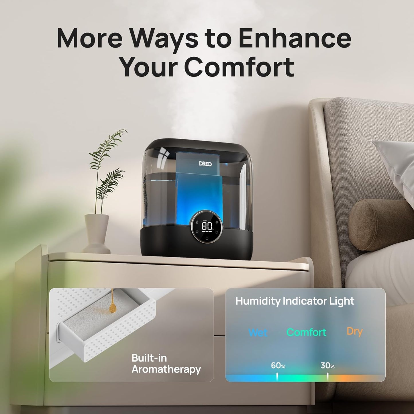 DREO 6L Humidifiers for Bedroom, 60H Runtime, 28 dB Quiet, HM524 | Precise Humidity Control, Easy to Refill & Clean, Nightlight, Cool Mist Humidifiers for Large Rooms, Baby Nurseries & Plants
