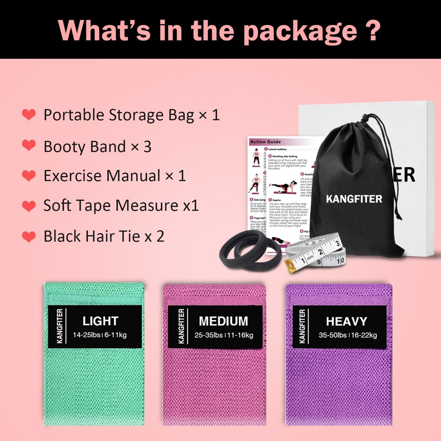 KANGFITER Non-Slip Fabric Resistance Bands for Working Out 3 Levels