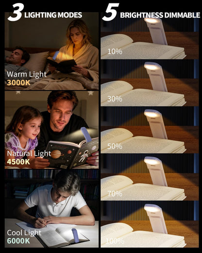 HEMONNKAM Book Reading Light, Rechargeable Clip on Booklight, Eye Caring 3 Color Temperatures & 5 Brightness Levels, Night Use for Bed, Long Lasting, Reading at Night in Bed, Purple