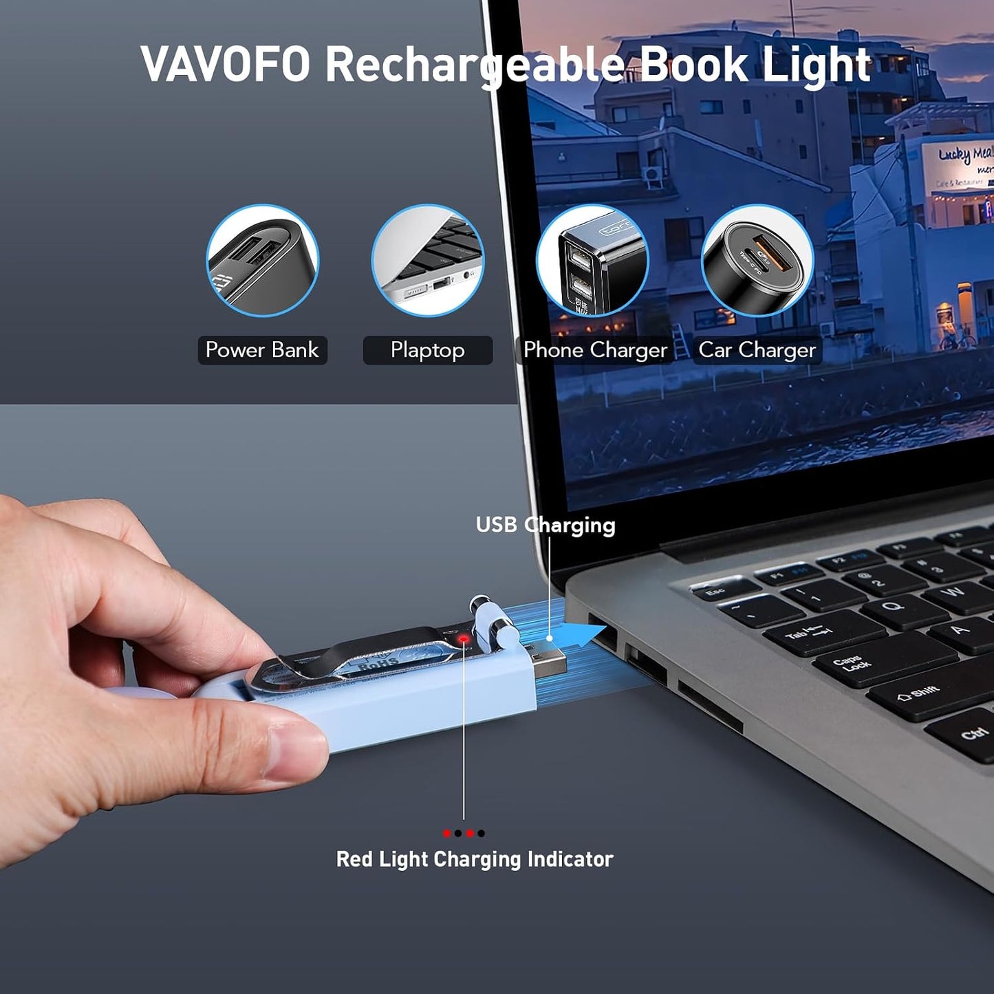 VAVOFO USB Rechargeable Book Light, Blue Light Blocking, Amber Clip-On Bookmark Shaped Reading Light, Eye Care 6 LEDs With 9 Lighting Modes for Bookworms (Grey)