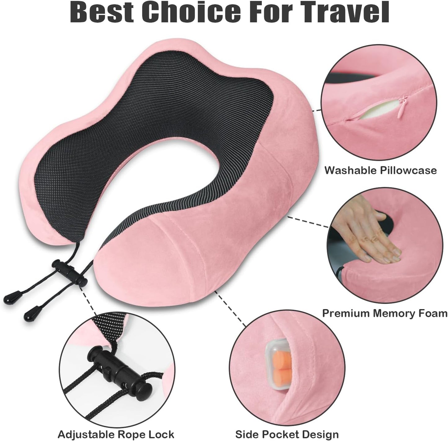 Travel Pillow, Memory Foam Neck Pillow for Traveling, U Shape Neck Pillow Airplane Portable Flight Pillow Travel Kit with 5D Contoured Eye Masks and Earplug for Plane Train Car Home Office