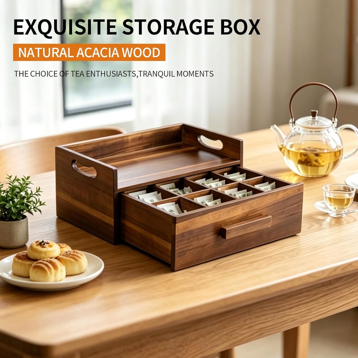 Acacia Wood Tea Bag Organizer Drawer with 12 Compartments, Premium Wooden Tea Box Storage Caddy & Multi Functional Countertop Tea Station