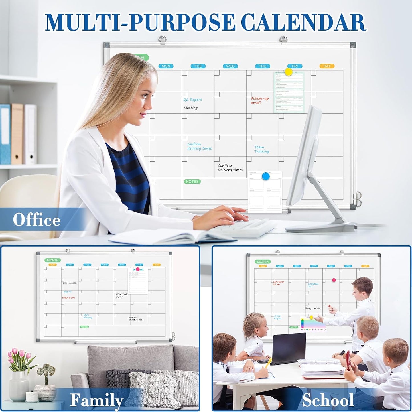 WALGLASS Weekly Dry Erase Calendar Whiteboard for Wall, 24" x 18" Double-Sided Weekly Planner White Board with Notes, Daily Tracker, Aluminum Framed Hanging & Wall Mount for Home, Office, School