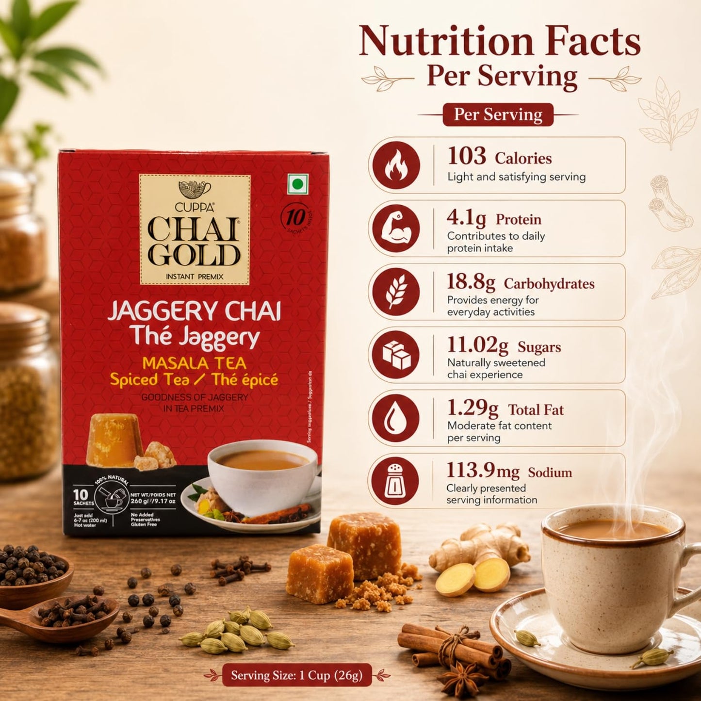 Chai Gold Instant Jaggery Chai Tea Premix Powder, Traditional Indian Milk Tea Latte Mix, Naturally Sweetened with Jaggery, Quick Preparation Hot Beverage, Low Caffeine, 10 count pack
